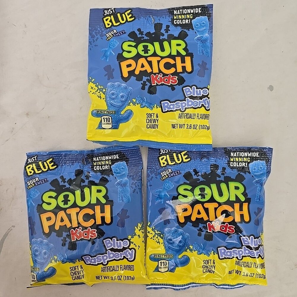 3 PACK Sour Patch Kids Blue Raspberry Chewy Sour then Sweet! 3.6 Oz